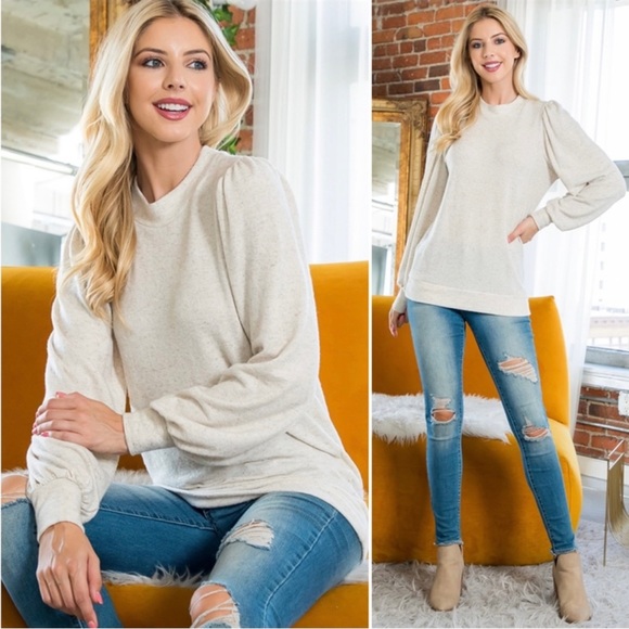 NEW- Crew Neck Puff Sleeve Top, Color: Oatmeal/Flax, Size: XL - Picture 1 of 16